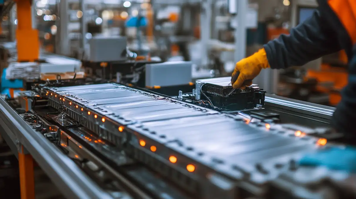 Production line worker placing components on conveyor for purchase order creation workflow